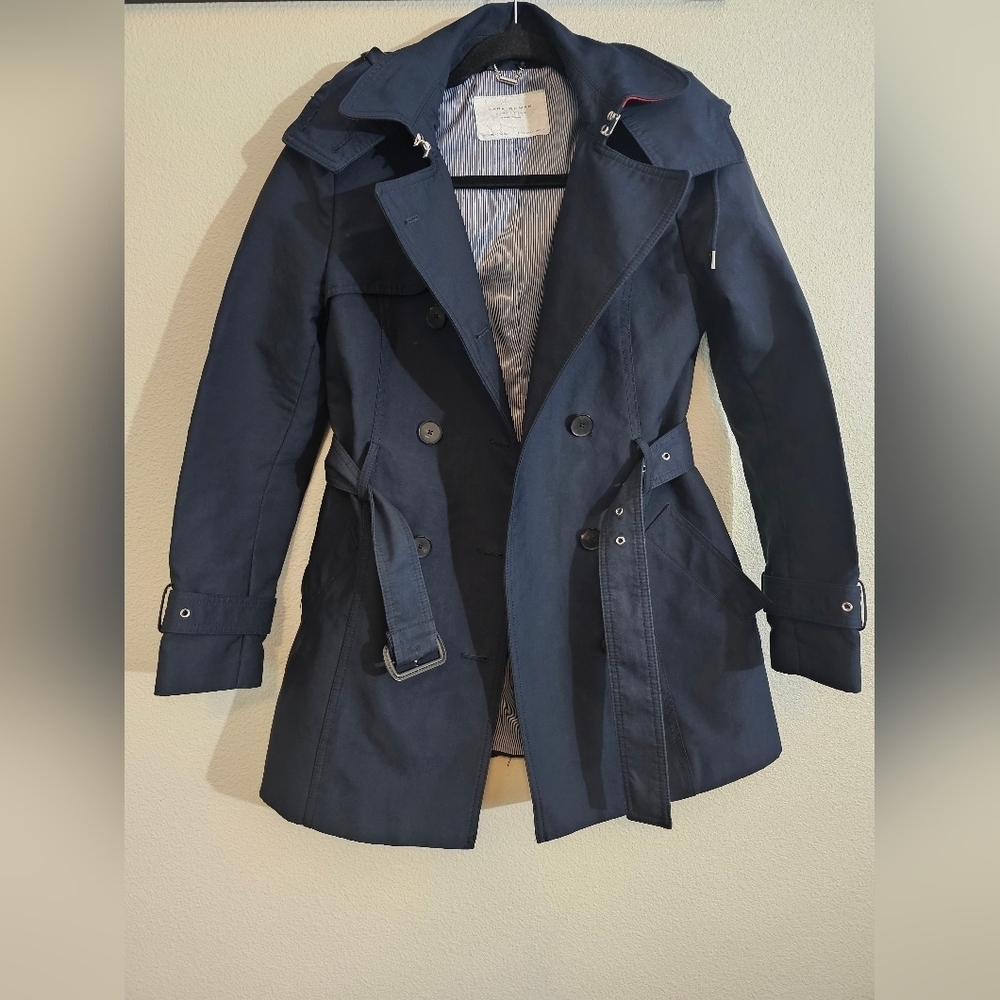 Zara Dark Blue Double-Breasted Trench Coat